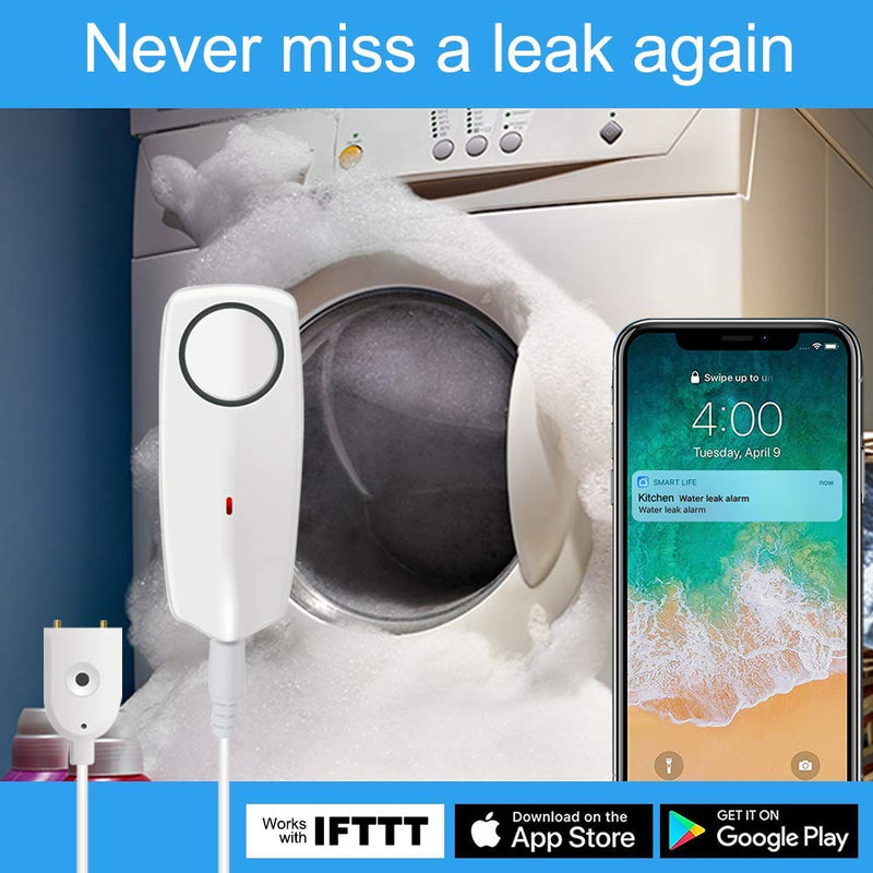 Water Alarm Sensor with 60dB Loud Sound WiFi Leak Detector, Overflow Leak Alarm, Remote Monitoring leaker for Water Heater Basement Sewage Pump, TUYA/Smart Life APP Notification 60 Decibel Alarm Sound