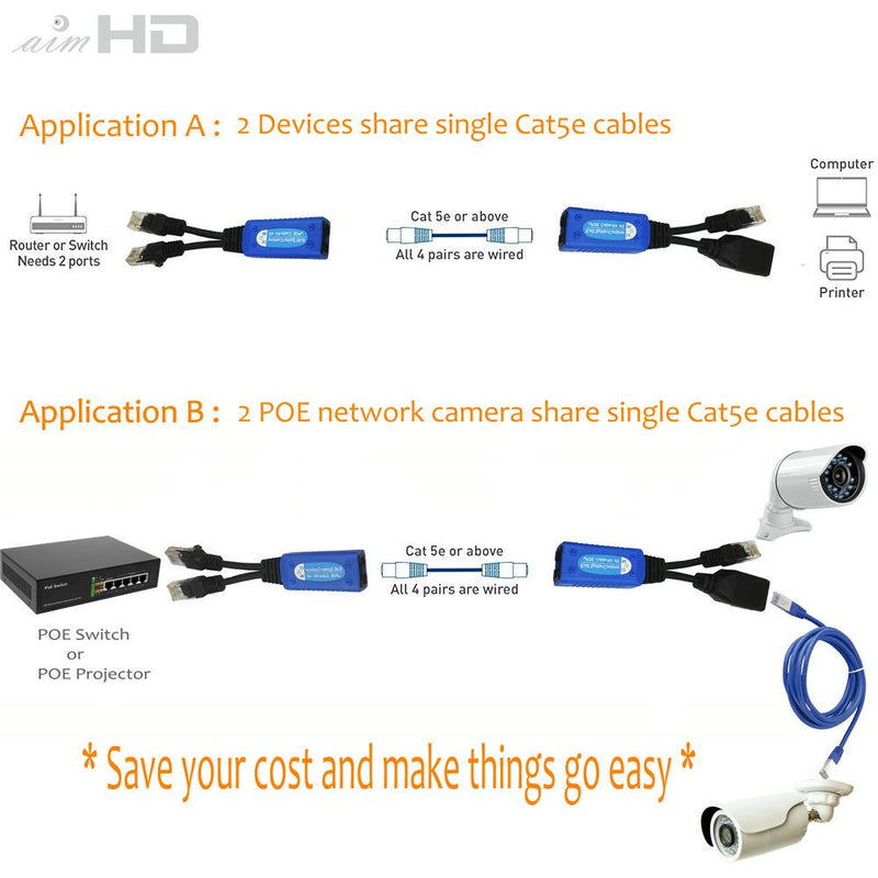 AimHD 4 Pair RJ45 Ethernet Cable Combiner/Splitter Sharing Kit, 2-in-1 (2 Cameras Over 1 Cable) Cat5e PoE Power/Data Transmission Adapter for 8 x Network Security Camera NVR Surveillance System