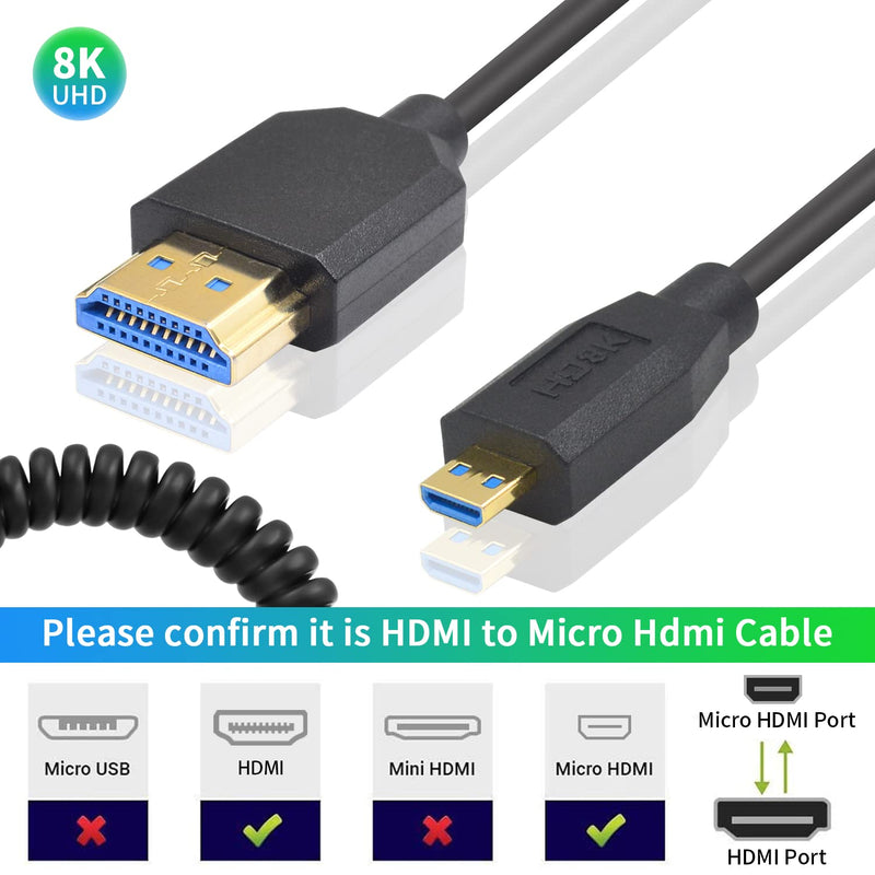 Duttek 8K Micro HDMI to HDMI Coiled Cable, 48Gbps HDMI to Micro HDMI 2.1 Version, Ultra Thin Micro HDMI Male to HDMI Male Cable Support Dynamic HDR for 8K@60Hz, 4K@120Hz Digital Cameras 4FT/1.2M Male to Male