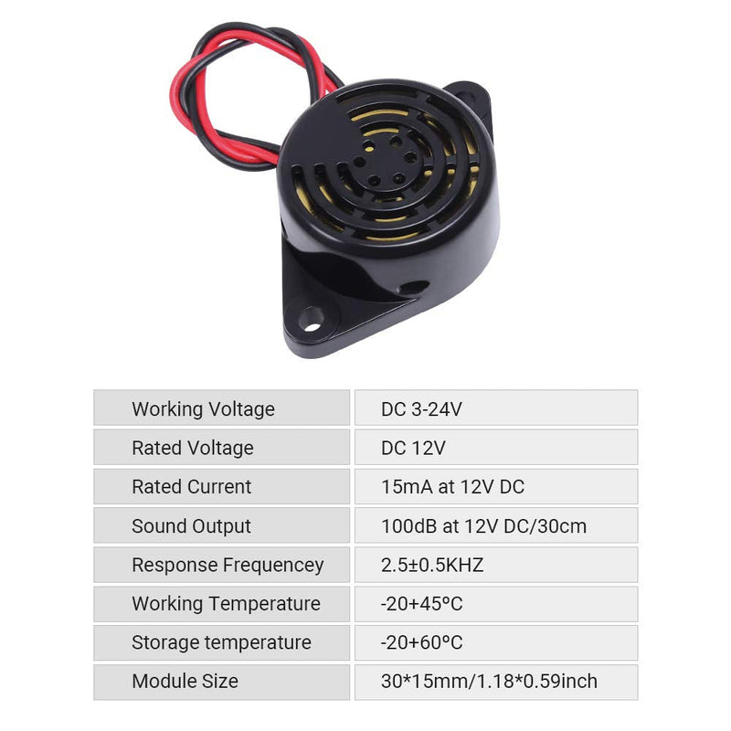 2 PCS Buzzer Alarm Electronic Beep Buzzer DC 3V 12V 24V Active Piezo Buzzer 100dB Tone Alarm Ringer Continous Sound DC 12V 100dB