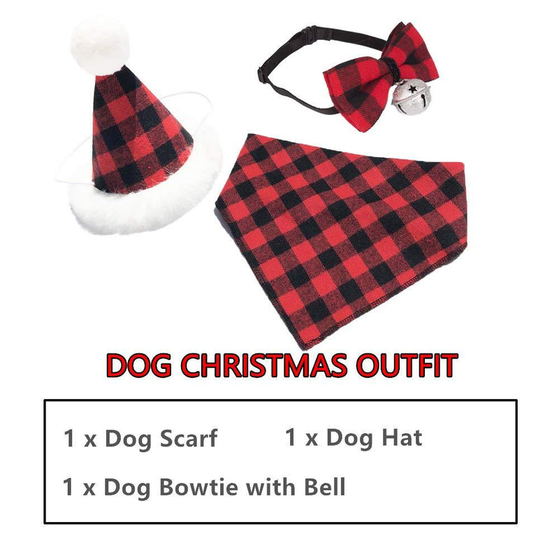 Christmas Dog Bandana Hat Bow tie Set - Classic Plaid Pet Scarf Triangle Bibs Dog Christmas Costume Decoration Accessories for Small Medium Large Dogs Cats Pets Red