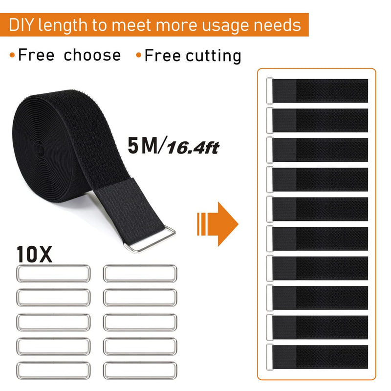 YMCRLUX 2" x16ft Reusable Cinch Strap with 10 Metal Buckles, Cut-to-Length Fastening Securing Straps, Adjustable Nylon Cable Straps and Cord Ties for Organizer or Storage, 2 inch Wide, Black 2in x 16ft