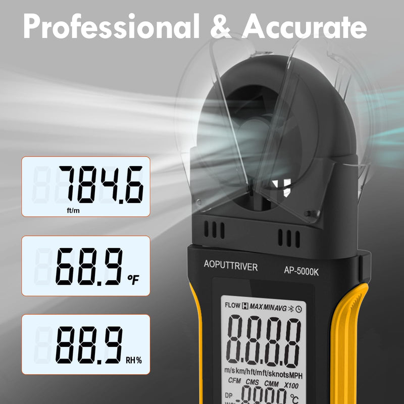 AOPUTTRIVER AP-5000K Digital Anemometer Handheld Wind Meter with 270° Rotating Detector and Double Wing Cover, Backlit Anemometer, MAX/MIN/AVG, Temperature