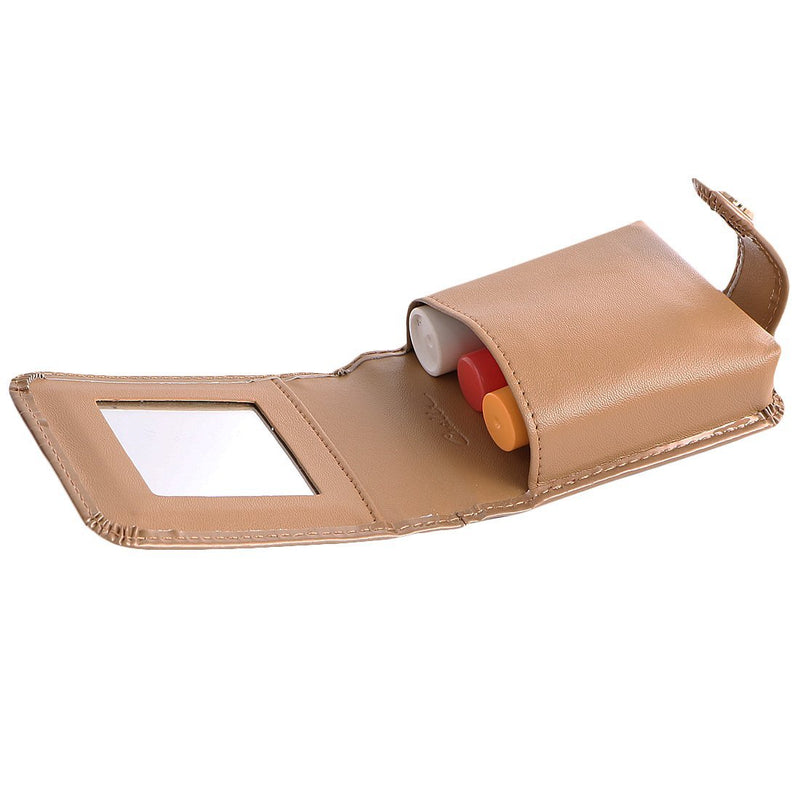 kilofly Genuine Leather Double Lipstick Case Cosmetic Makeup Holder + Gift Box Light Brown