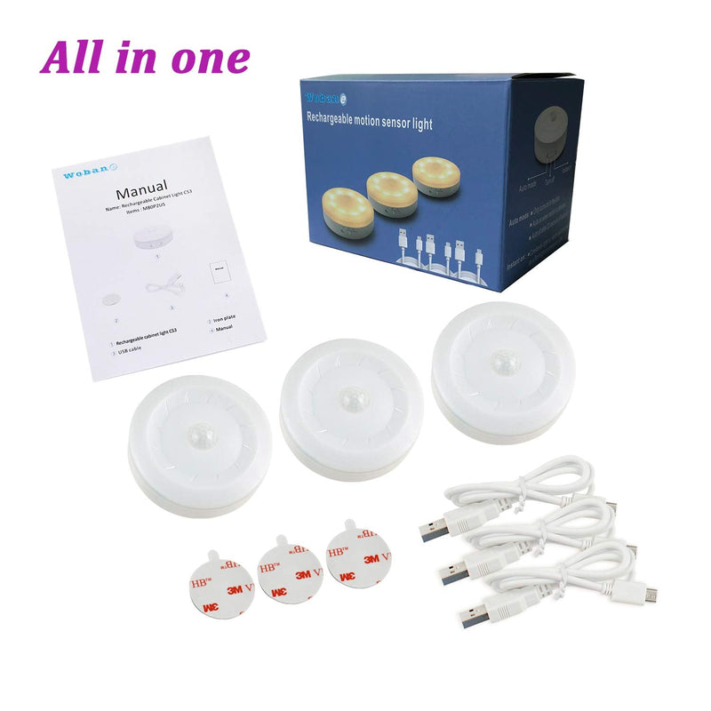 Rechargeable Motion Sensor Light 1000mAH LED Puck Lights, Stick Anywhere Light, Cordless Closet Light, Automatic Under Cabinet Lighting for Counter,Pantry,Wardrobe,Hallway,Stairs,Warm White 3 Pack Warm White