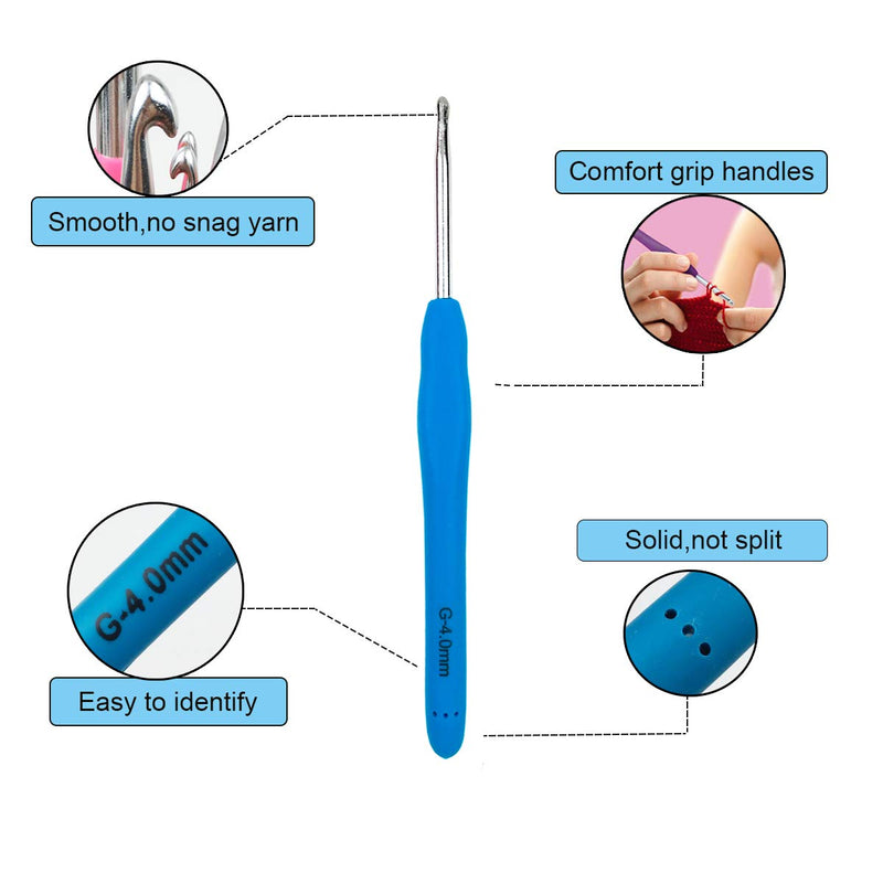Mdoker Extra Long Crochet Hooks,Ergonomic Grip Soft Handles for Handmade DIY Crocheting,Size G/6(4.0MM) 4mm Blue