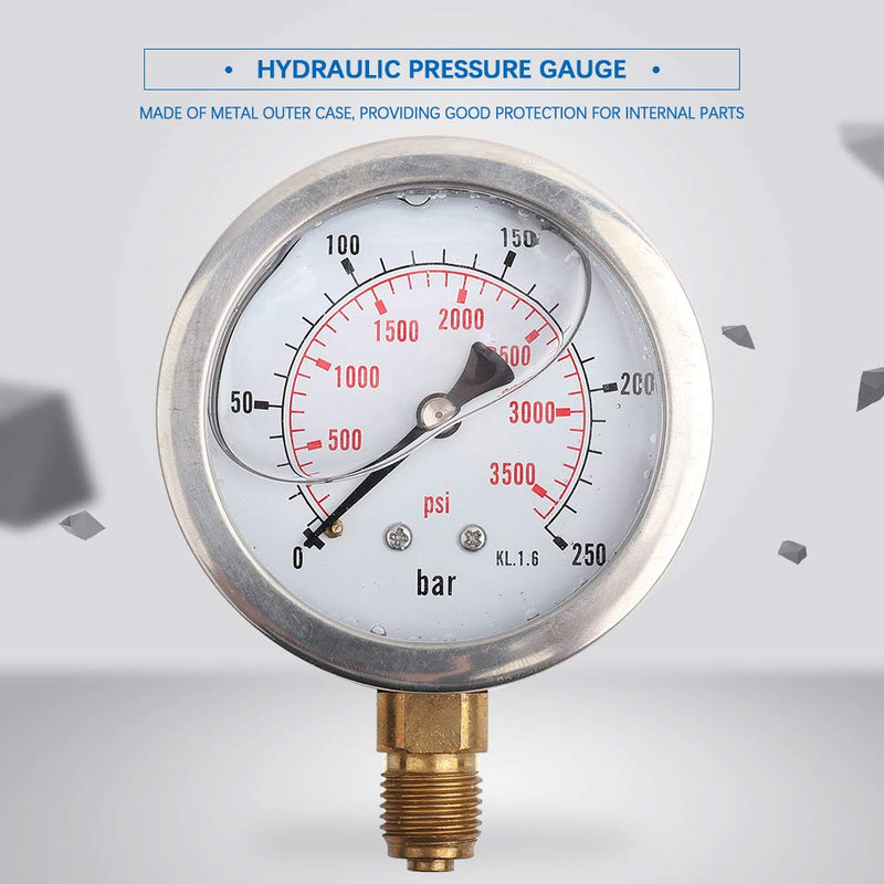 Nimomo hydraulic pressure gauge, 63 mm glycerin pressure gauge, hydraulic pressure gauge, 0-250 bar 0-3750 PSI pressure pressure gauge, glycerin pressure gauge for fuel, air, oil, liquid, water, G1/4 thread