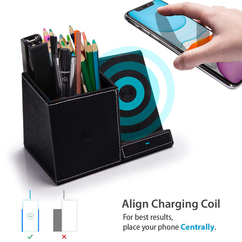 Desk Supplies Organizer, Multi-Functional Pencil Pen Holder with Wireless Charger, Desktop Stationery Organizer, Home Office Supply Storage Box Caddy (Black)