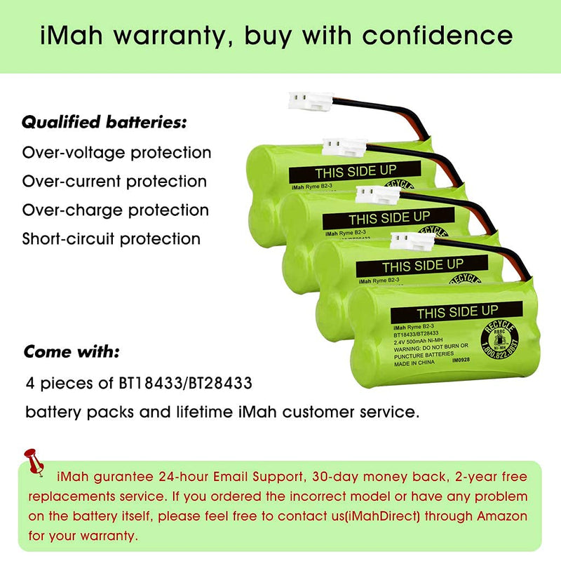 iMah BT18433/BT28433 2.4V 500mAh Ni-MH Cordless Phone Battery Pack, Also Compatible with VTech AT&T Telephone Batteries BT184342/BT284342 BT8300 BT1011 BT1018 BT1022 BT1031 2SN-AAA55H-S-J1, Pack of 4