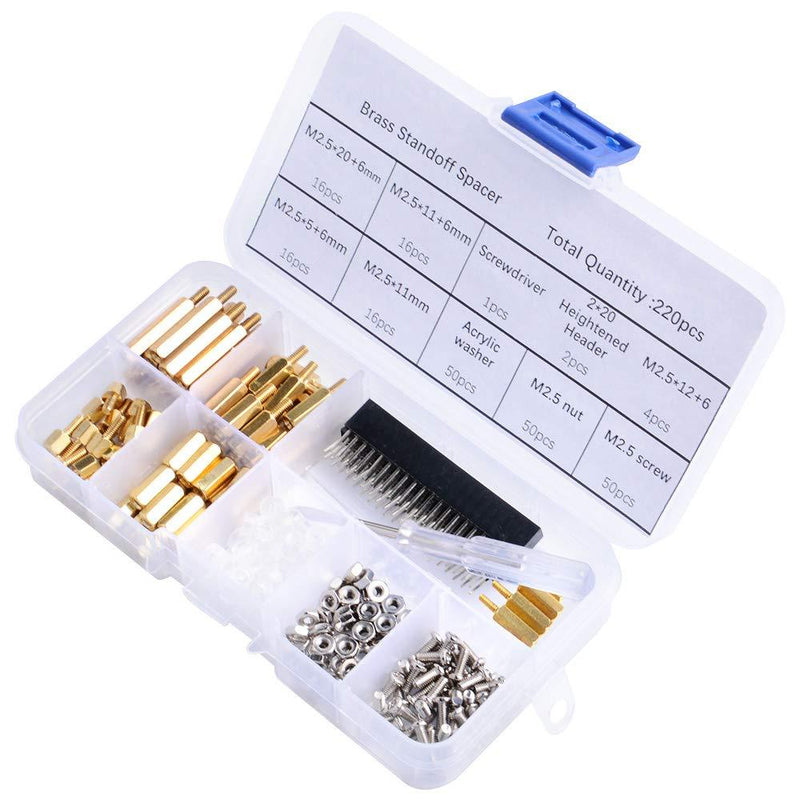 GeeekPi 220PCS Standoffs M2.5 Brass Spacer Hex Column Screw Nut Assortment Kit with Box,Male-Female for Raspberry Pi,with Acrylic Washer Screwdriver