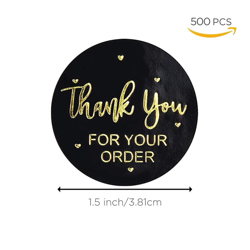 1.5 Inch Black Gold Thank You Stickers Roll for Your Order Labels for Gifts Bags, Business, Envelopes, Handmade, Bubble mailers& Bags, Personalized 500 pcs, 1 Roll