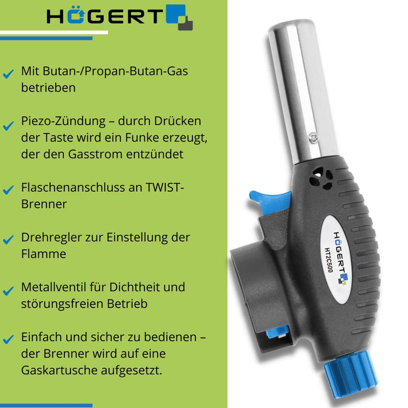 Högert Technik - soldering torch - gas burner for the household, catering, fishing, craft and car workshops - piezo ignition - burner with butane/propane-butane gas - easy and safe to use