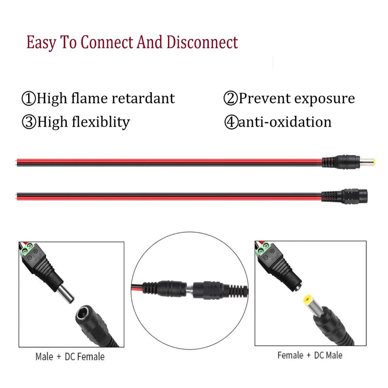DaFuRui 36 Pack 12inch(30cm) 2.1x5.5mm DC Male Female Connectors 15V 2A DC Power Pigtai Connectors for CCTV Security Camera and Lighting CCTV Power Connector Adapter[18pcs Male and 18pcs Female]
