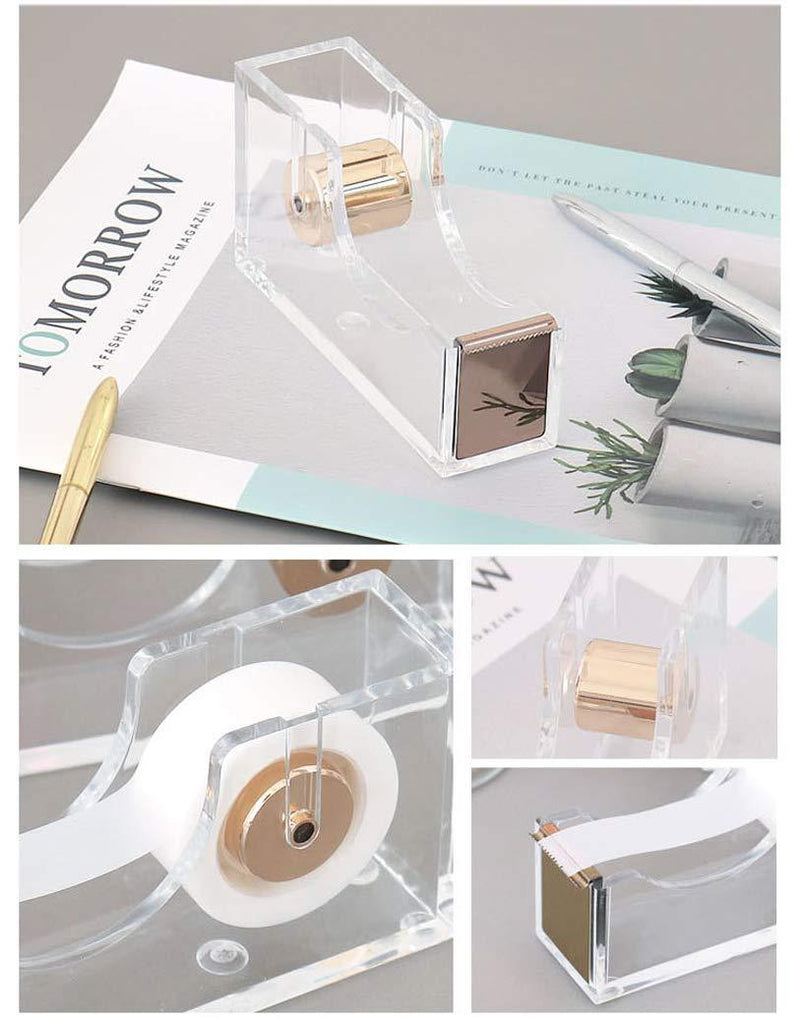 Acrylic Gold Tape Dispenser,Clear Acrylic Desk Dispenser Kit , Modern Design Office Desktop Tape Dispense 1 Set