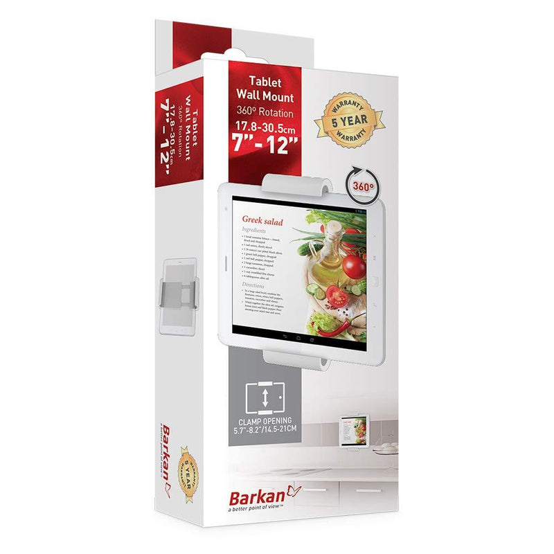 Barkan 7-12 inch Fixed Tablet Wall Mount 3 lbs White Firm Tablet Clamp 360 Degree Rotation Very Low Profile