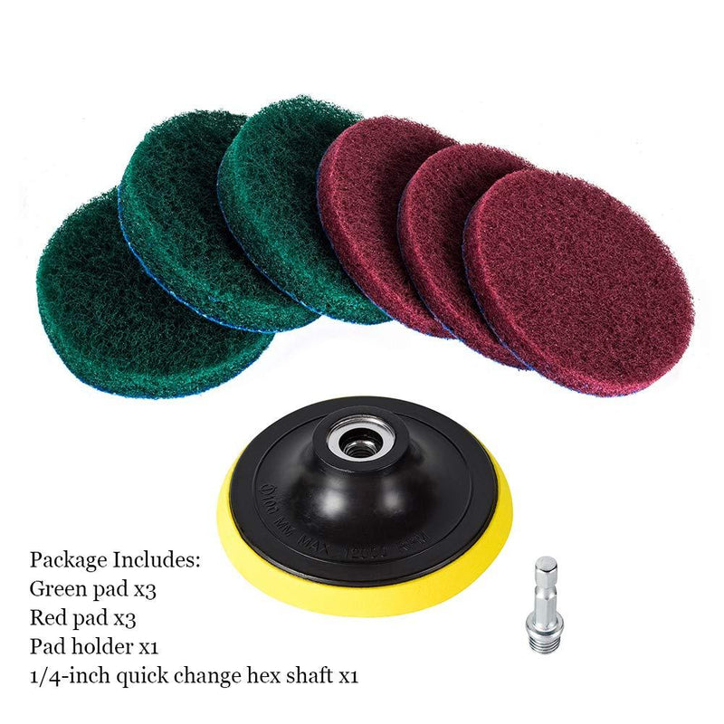 Kichwit 4 Inch Drill Power Brush Tile Scrubber Scouring Pads Cleaning Kit, Includes Drill Attachment, 3 Red Pads and 3 Stiff Green Pads, Heavy Duty Household Cleaning Tool (Drill NOT Included)