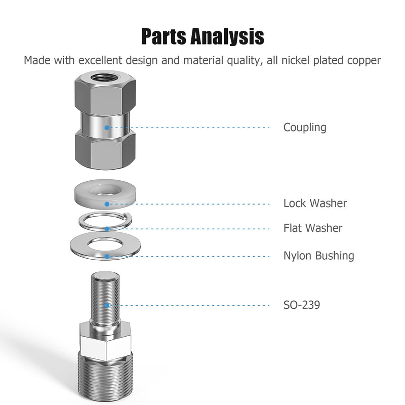 Heavy Duty CB Antenna Stud Mount Adapter Copper Nickel Plated with SO-239 Connector for Mounting 3/8 x 24 Threads CB HAM Radio Antennas Silver