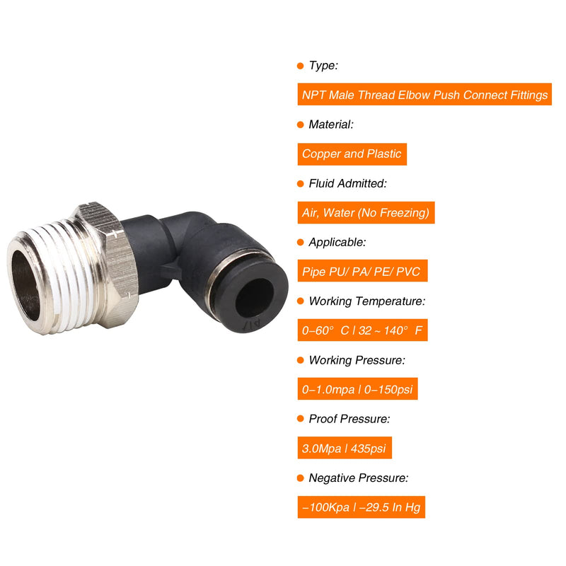 3/8 OD Tubing Push to Connect Air Fittings 3/8 inch Od x 1/8" Npt Air Line Fittings 90 Degree 1/8 Male Threaded Push in Connectors Pneumatic Fittings Push Lock Fittings 5Packs 3/8" OD X 1/8" MNPT 5
