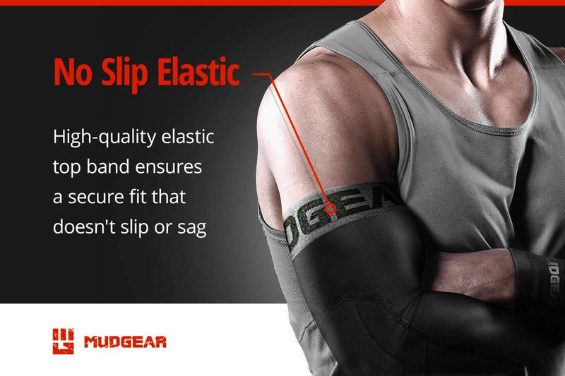 MudGear Padded Arm Sleeves 2-Pack - Men's, Women's, Youth - Compression Padded Elbow Protection - OCR, Baseball, and Football Black/Gray Medium