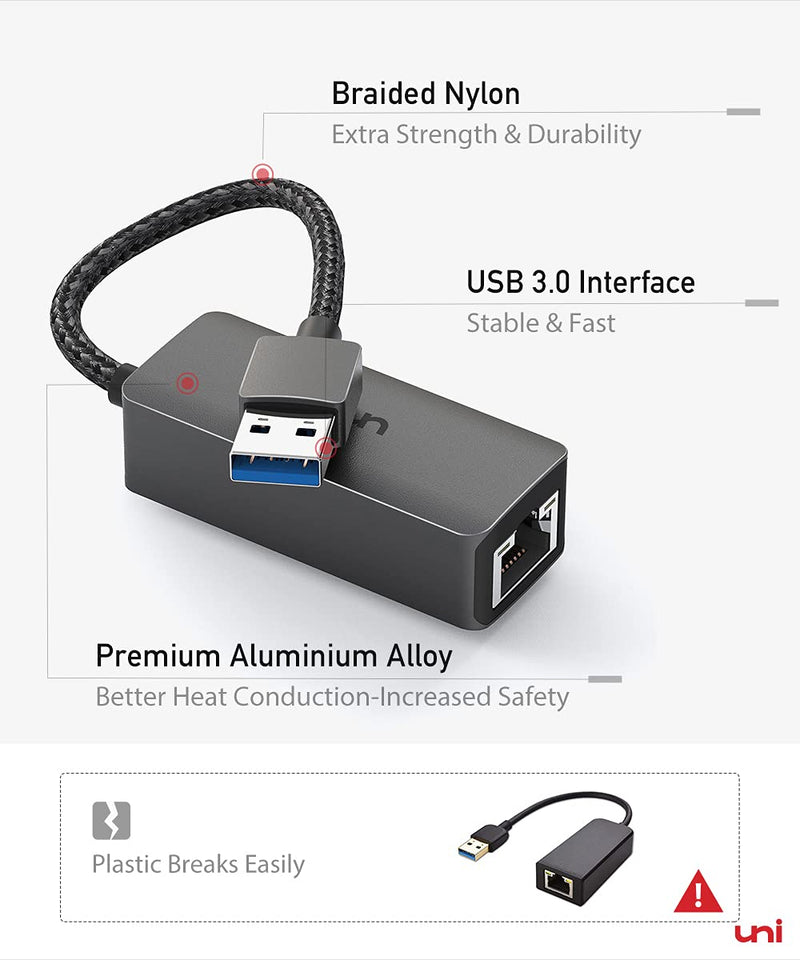 USB to Ethernet Adapter, uni Driver Free USB 3.0 to 100/1000 Gigabit Ethernet LAN Network Adapter, RJ45 Internet Adapter Compatible with MacBook, Surface,Notebook PC with Windows, XP, Vista, Mac/Linux