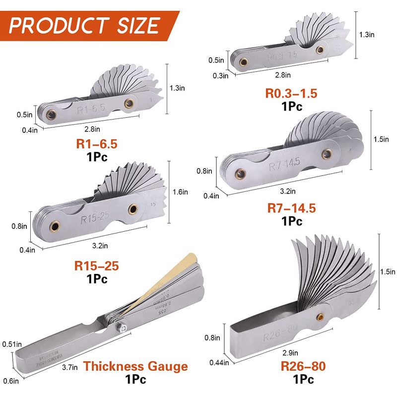 Tanstic 6Pcs Stainless Steel Feeler Gauge and Radius Gauge Set, 5Pcs R0.3-1.5/ R1-6.5/ R7-14.5/ R15-25/ R25-50 Radius Fillet Gauge with 32 Blades 0.04-0.88 mm Metric and Imperial Gap Measuring Tool
