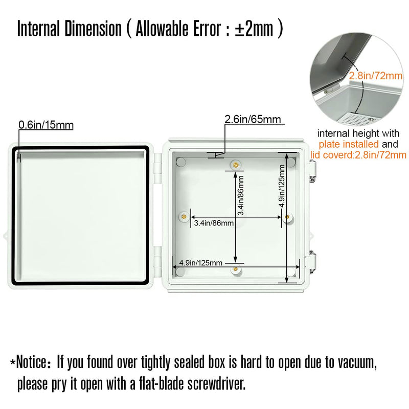 LeMotech ABS Junction Box Hinged Cover Stainless Steel Latch IP67 Waterproof Plastic Universal Enclosure with Mounting Plate and Wall Bracket for Electrical Project 5.9x5.9x3.5 inch (150x150x90mm) 5.9"x5.9"x3.5"