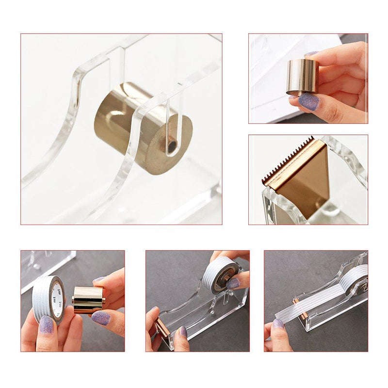 Acrylic Gold Tape Dispenser,Clear Acrylic Desk Dispenser Kit , Modern Design Office Desktop Tape Dispense 1 Set