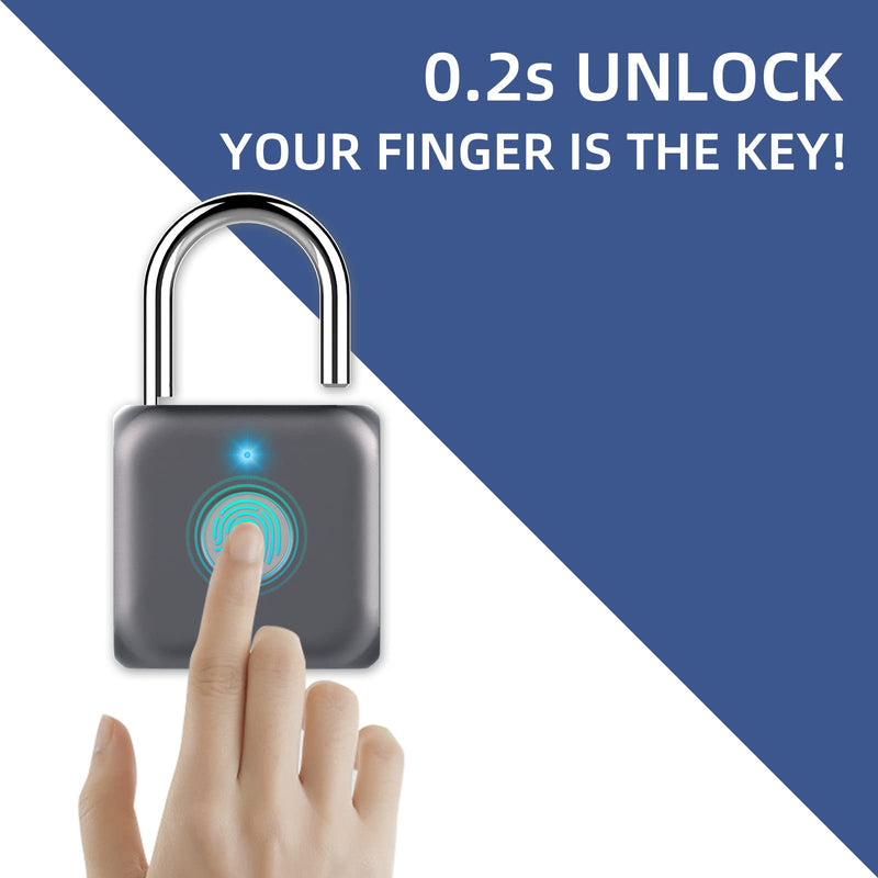 Pothunder Fingerprint Padlock, Smart Padlock, Locker Lock, Biometric Metal Keyless Thumbprint Lock, Waterproof, USB Rechargeable, for Gym Locker, School Locker, Luggage, Backpack, Suitcase(Gray) Gray