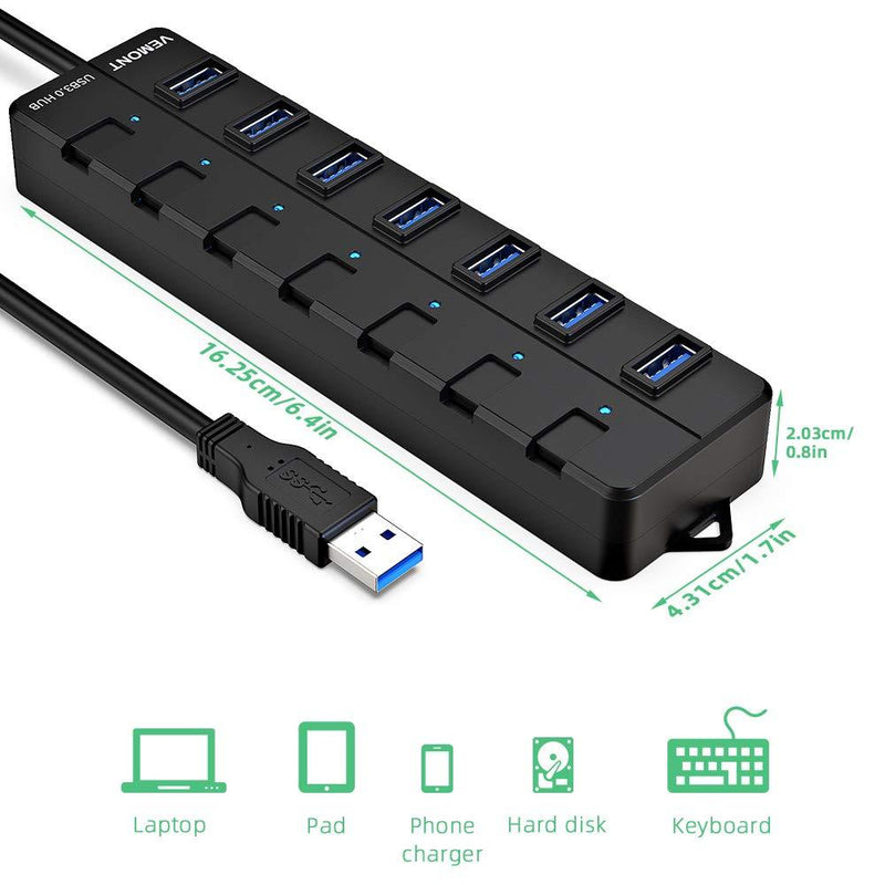 VEMONT Power USB hub,7-Port USB 3.0 hub with 5V2A Power Adapter and Individual On/Off Switches,USB Charging hub 4ft/1.2m Long Cable
