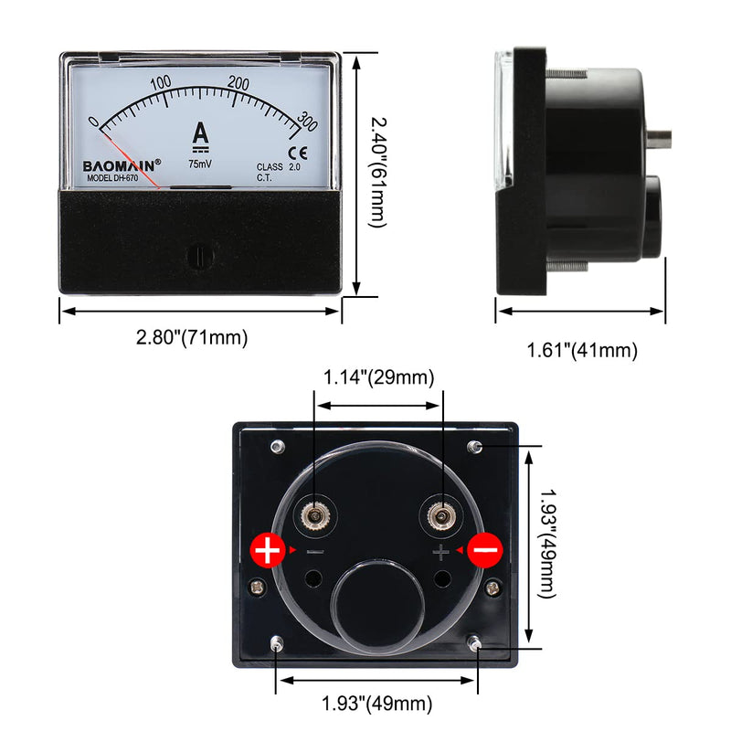 Baomain DH-670 DC 300A Analog Amp Panel Meter Current Ammeter with 75mV Shunt