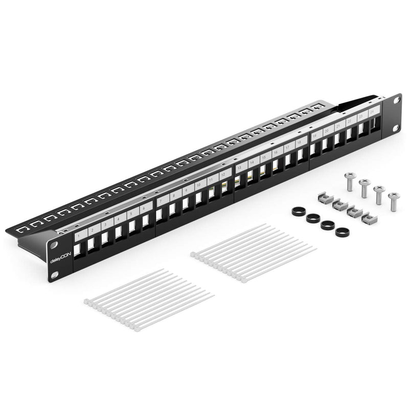 deleyCON 24 port patch panel patch field modular for Keystone modules 1 U 19" inch rack installation compatible CAT5 CAT6 CAT7 CAT8 LAN network installation cable black