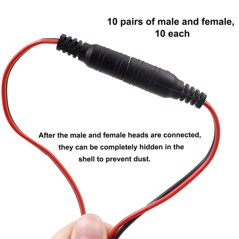 Taiss 10 Pairs 18AWG DC Power Pigtail Cable12V 5A, Used in CCTV Surveillance Camera Pigtail Power Plug Adapter 5.5mm x 2.1mm Male and Female Connectors.F-001-2S-10P