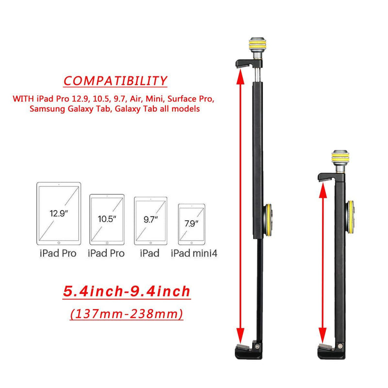 Aluminum iPad Holder for Tripod Mount, Universal Phone Tablet Clamp Tripod Adapter Bracket w Cold Shoe Mount 1/4 inch Screw and Acra Swiss Rail for iPad 4/Mini/Air/Pro/Surface Pro/iPhone/Galaxy Tab