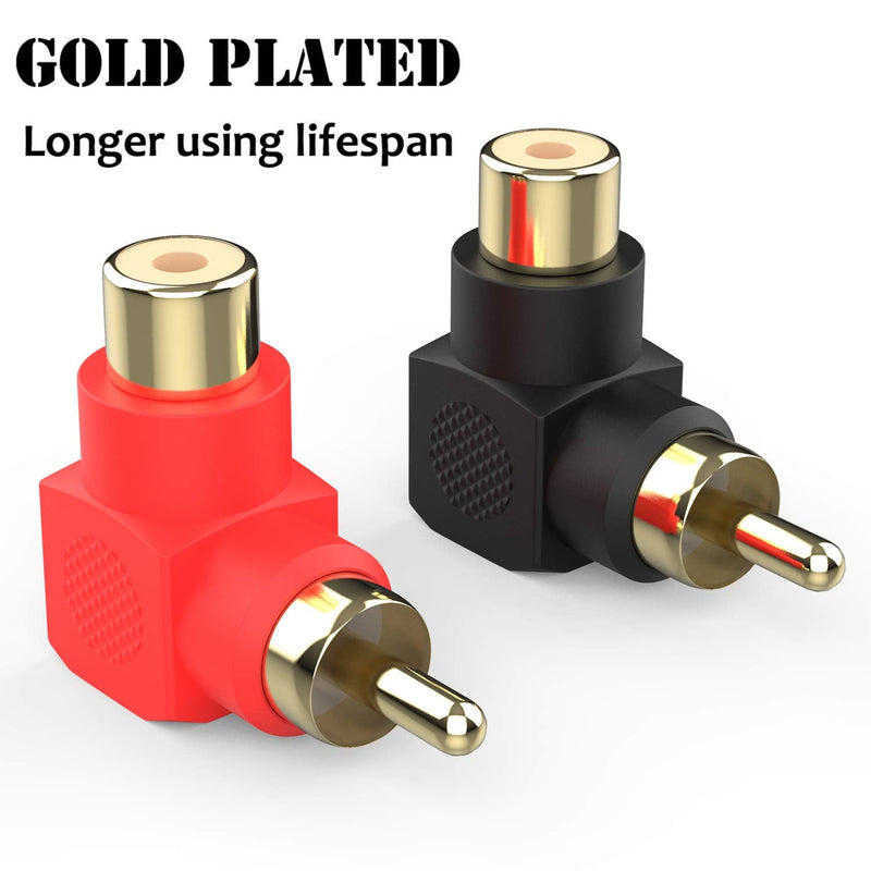RCA Male to RCA Female Adapter Right Angle Connector Plug M/F 90 Degree Elbow Gold-Plated (5 Black + 5 Red) (10 Pack)