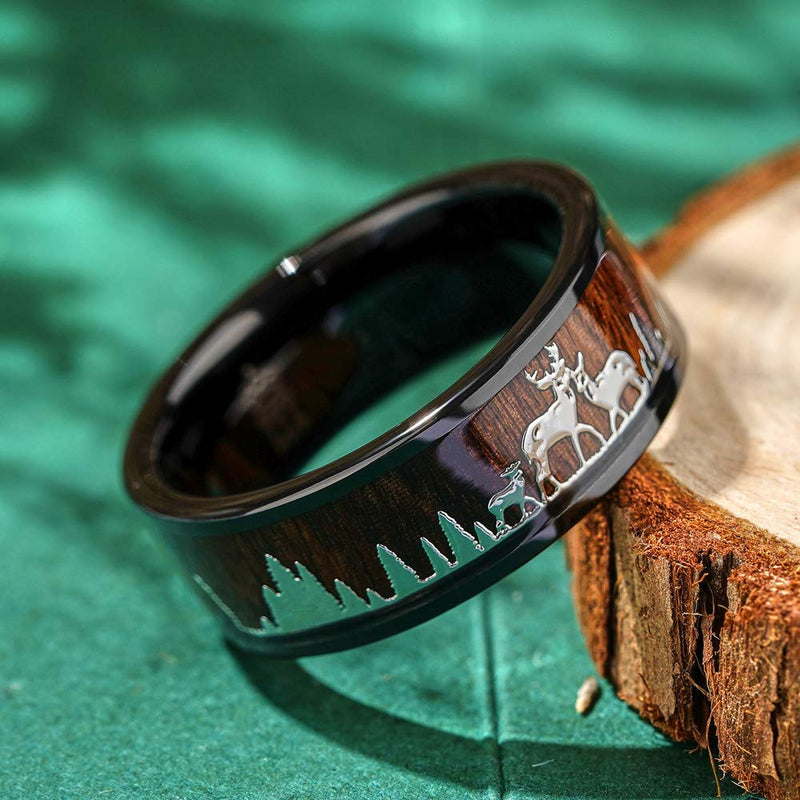THREE KEYS JEWELRY 8mm Deer Family Tungsten Rings for Men Women KOA Wood Inlay Wedding Bands Black 11.5