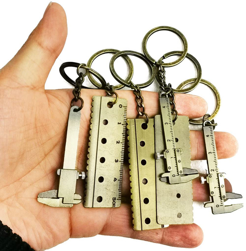 Hyamass 6Pcs Retro Mini Vernier Caliper and Straightedge Keychain Zinc Alloy 3D Movable Vernier Caliper Key Chain Precision Miniature Pocket Vernier Caliper Keyring