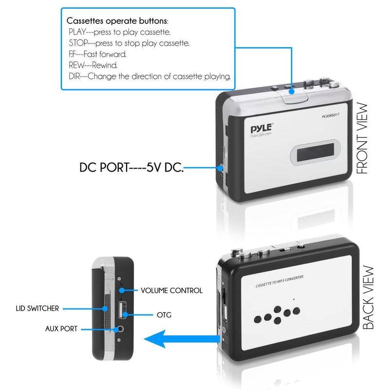 2-in-1 Cassette-to-MP3 Converter Recorder - USB Walkman Cassette Player - Portable Battery Powered Tape Audio Digitizer with 3.5mm Audio Jack Headphones- Pyle (PCASRSD17) , White