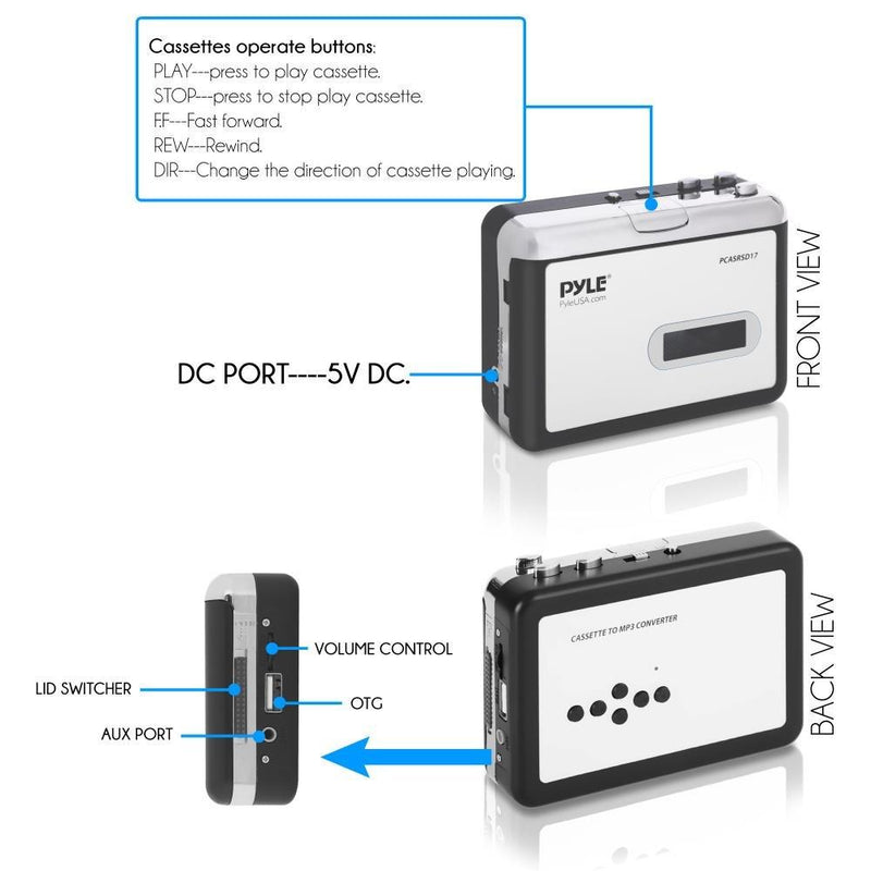 2-in-1 Cassette-to-MP3 Converter Player Recorder - Portable Battery Powered Tape Audio Digitizer, USB Walkman Cassette Player with Manual/Auto Record, 3.5mm Audio Jack, Headphones, Power Cable - Pyle No Bluetooth