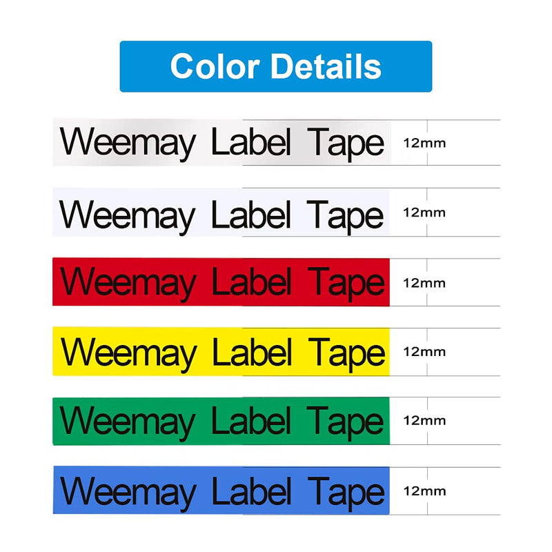 WEEMAY Compatible Label Tape Replacement for Brother PTouch TZe 12mm 0.47 Standard Laminated Tape TZe-131 TZe-231 TZe-431 TZe-531 TZe-631 TZe-731, Black on Clear/White/Red/Blue/Yellow/Green, 6 Pack