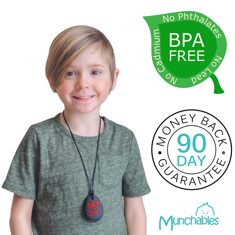 Munchables Dragon Sensory Chew Necklace for Adults or Kids - Chewy Fidget Stim Toy Jewelry for Boys and Girls (Navy/Black) Navy/Black