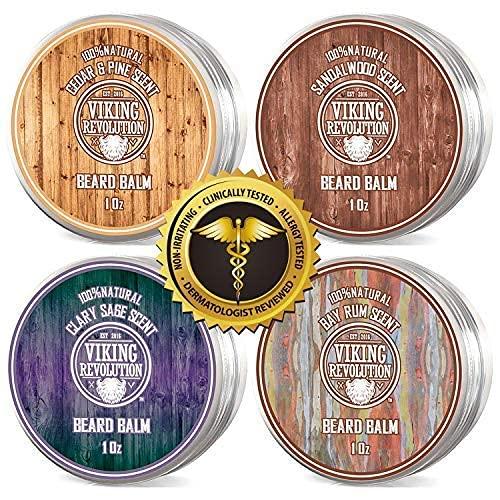 4 Beard Balm Variety Pack (1oz Each)- Sandalwood, Pine & Cedar, Bay Rum, Clary Sage- Styles, Strengthens & Softens Beards & Mustaches - Leave in Conditioner Wax for Men 1 Ounce (Pack of 4)