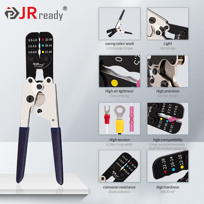 JRready heat shrink Crimping Tool Kit, Ratcheting wire crimper for Insulated Terminals and butt splices in Wire 22-18, 16-14, 12-10AWG. Hand Crimping Pliers ACT-AD10 ACT-AD10 Crimper