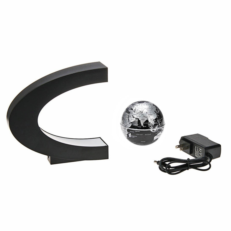 Estefanlo Floating Globe with LED Lights C Shape Magnetic Levitation Floating Globe World Map for Desk Decoration (Black-Silver) Black-silver