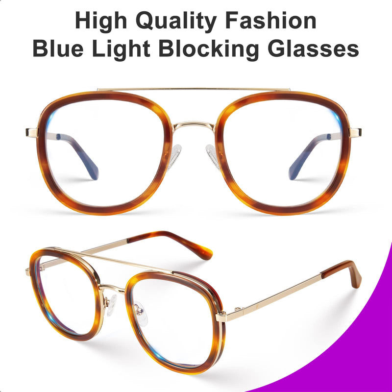 VISOONE Vintage Round Metal Rim Medium Eyewear with Anti-glare Blue Light Blocking Computer Glasses for Women Man ANTIS Amber Tortoise