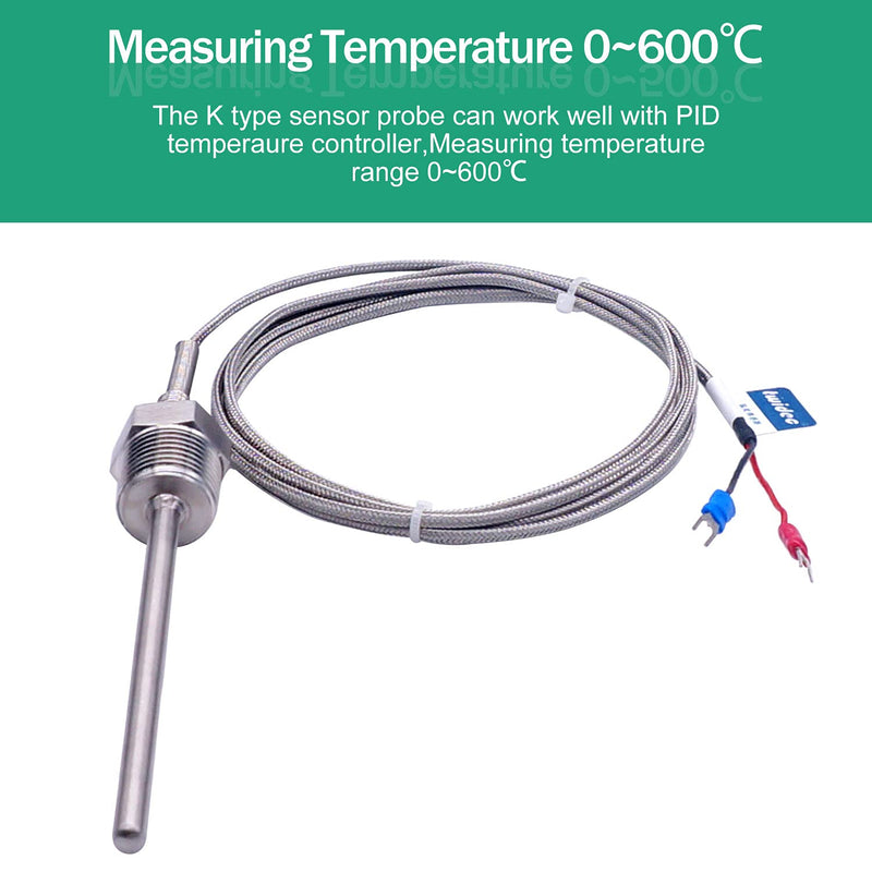 Twidec/2M NPT 1/2"inch (6X100MM) Pipe Thread Temperature Sensor Probe Two Wire Temperature Controller (0~600℃) 304 Stainless Steel K Type Thermocouple MT-205-1/2 1/2" 6x100mm