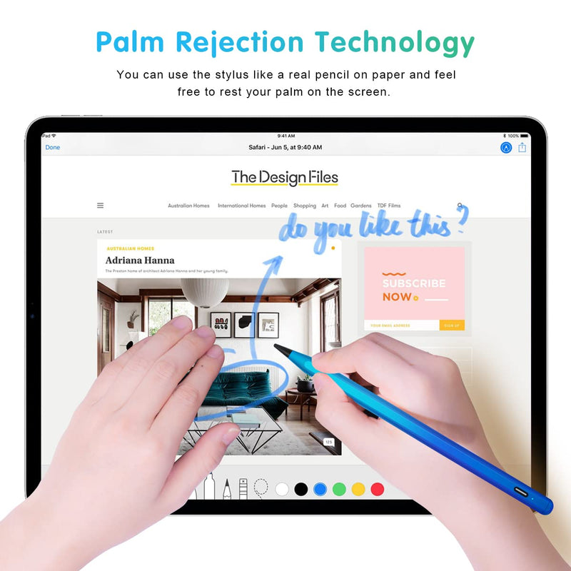 Stylus Pencil for iPad 9th Generation, Active Pen with Palm Rejection Compatible with (2018-2021) Apple iPad 9th 8th 7th Gen/iPad Pro 11 & 12.9 inches/iPad Air 4th Gen/iPad Mini 6th Gen (Cyan) Cyan