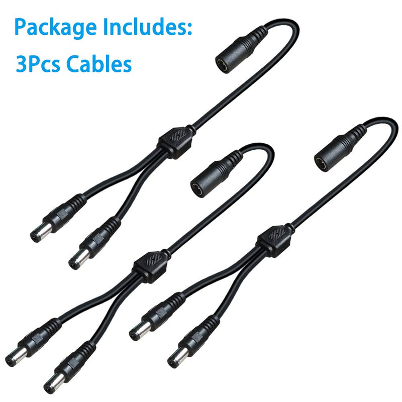 SIOCEN 3 Pack DC Power 1 Female to 2 Male 5.5mm x 2.1mm DC Power Supply Splitter Cable Cord, Y Splitter Adapter Wire,2 Way Y-Cable for Security CCTV Parking Camera, LED Strip Light Black