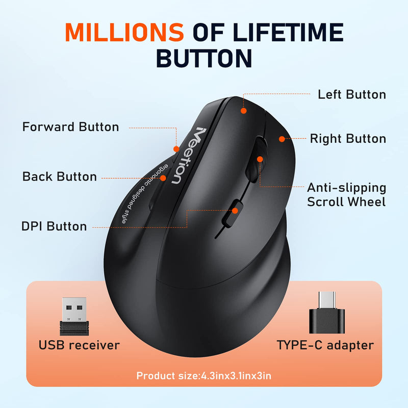 MEETION Ergonomic Mouse, Wireless Vertical Mouse RGB Backlit Rechargeable Mice for Bluetooth(5.2 + 3.0) & USB-A with USB-C Adapter 4 Adjustable DPI Compatible Mac/Windows/Andriod/PC/Tablet/iPad Black Medium-Large Right-Handed