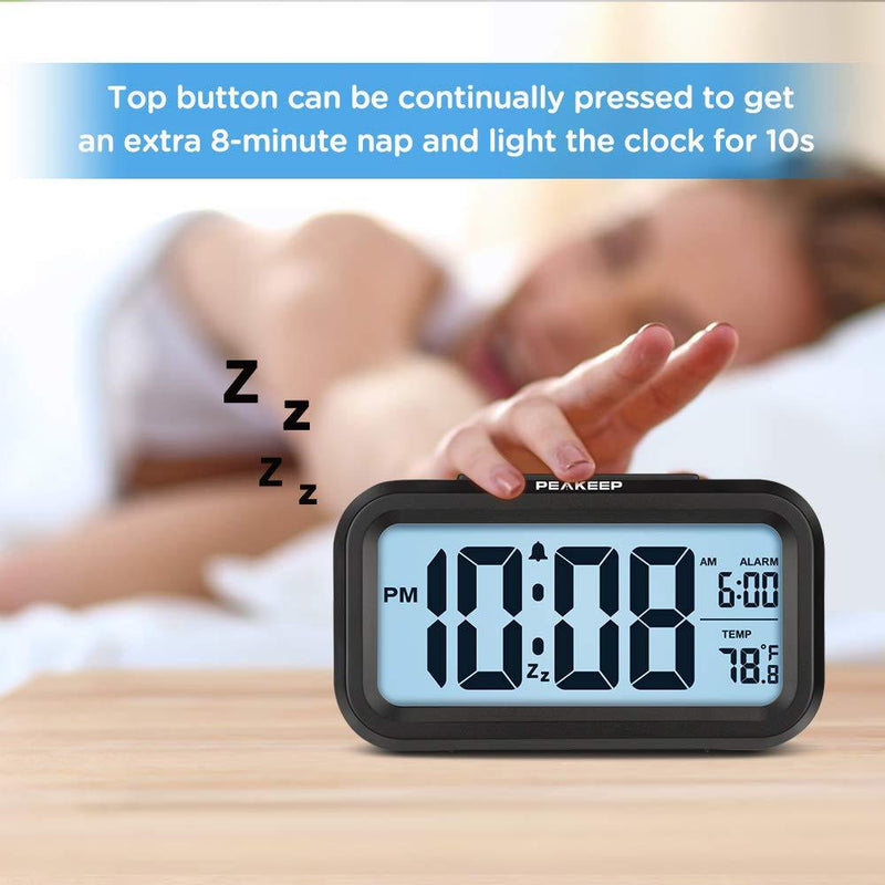 PEAKEEP Smart Night Light Digital Alarm Clock with Indoor Temperature, Battery Operated Desk Small Clock (Black) Black