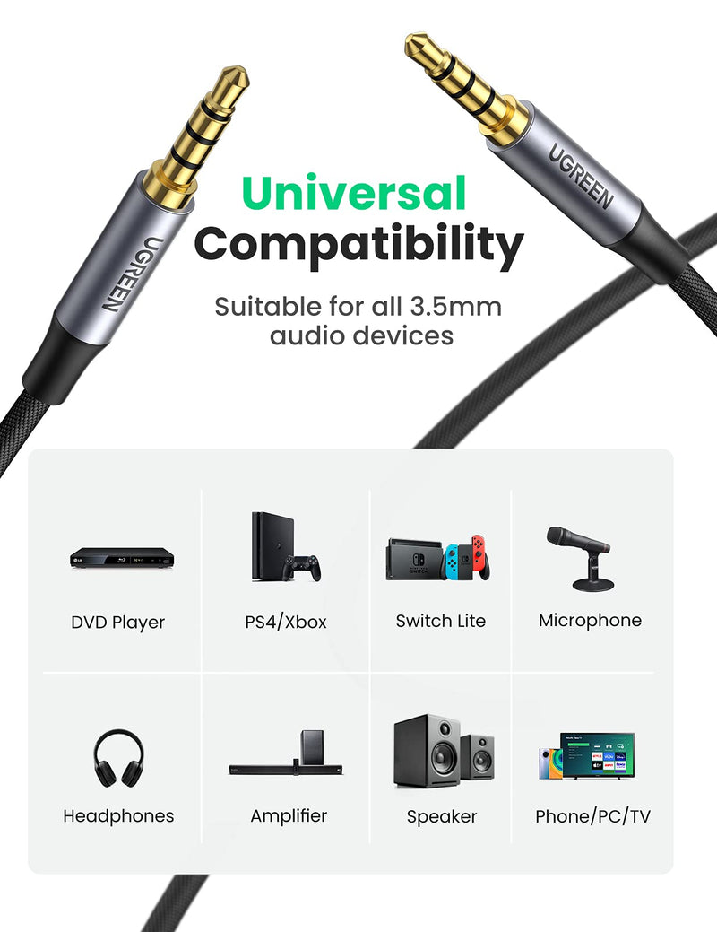 UGREEN 3.5mm Audio Cable Braided 4-Pole Hi-Fi Stereo TRRS Jack Shielded Male to Male AUX Cord Compatible with iPhone, iPad, Samsung Phones, Tablets, Car Home Stereos, Sony Headphones, Speaker, 3FT